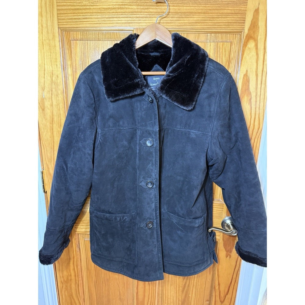 Dennis Basso LG Women's Black Genuine Leather Coat Faux Fur Lined Jacket Button